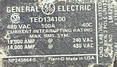 GE Breaker TED 100A 480V 3PH
